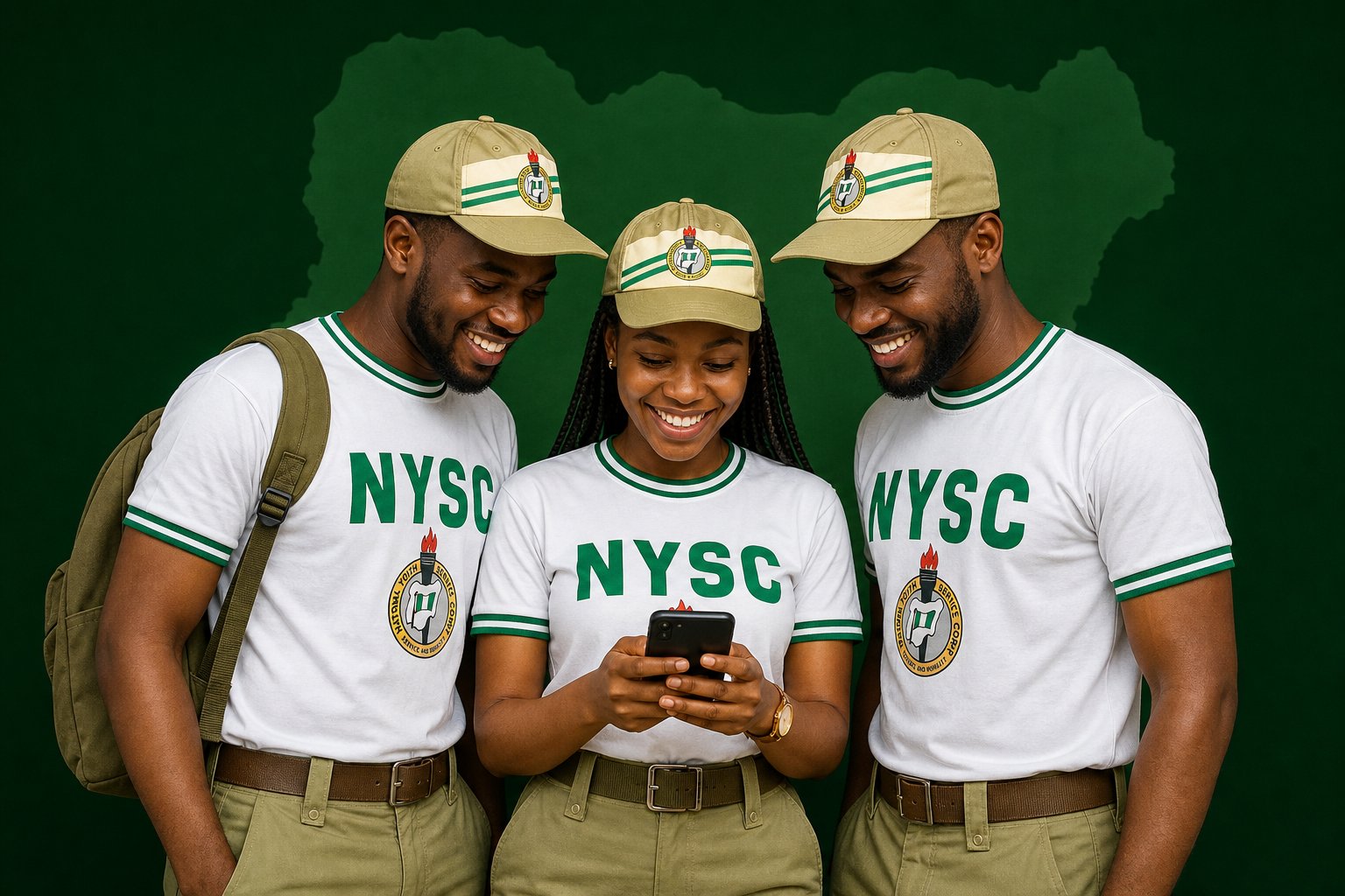 Three smiling NYSC corps members in uniform looking at a phone together